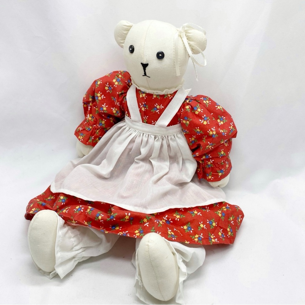 Vintage Handmade Fabric Bear Doll Red Floral Dress
